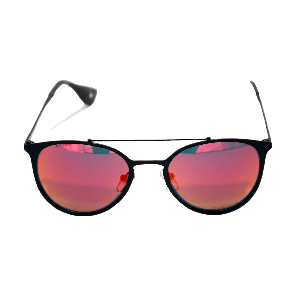 Regent sunglasses, black frame, red mirror lenses